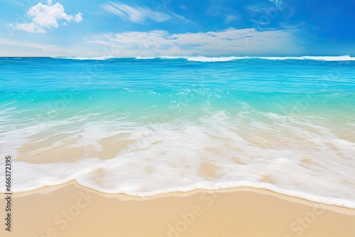 Beach View: Soft Wave of Blue Ocean on Sandy Beach Background - Tranquil and Serene Coastal Scene © Michael