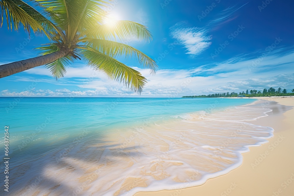 Beach with Palm Tree: Soft Wave of Blue Ocean on Sandy Beach Background