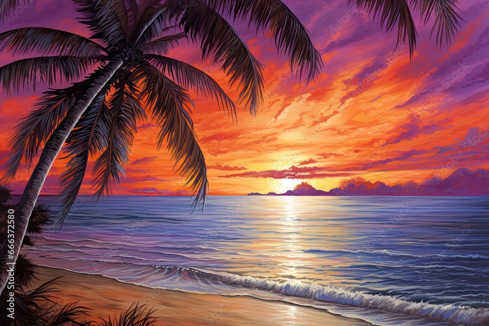 Sunset Beach Drawing: Captivating Beach with Palm Tree Illustration