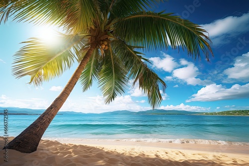 Beautiful Tropical Beach with Palm Tree  Nature Landscape View of Sunny Day by the Sea