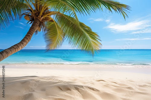 Beach with Palm Tree  Soft Wave of Blue Ocean on Sandy Beach Background