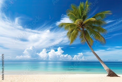 Beach with Palm Tree: Palm Tree on Tropical Beach with Blue Sky and White Clouds Abstract Background