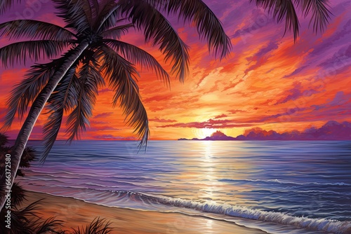 Sunset Beach Drawing: Captivating Beach with Palm Tree Illustration