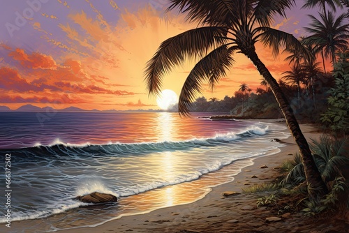 Sunset Beach Drawing: Captivating View of Beach with Palm Tree - Stunning Digital Image
