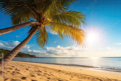 Beach with Palm Tree: Tranquil Relaxing Sunlight Summer Mood