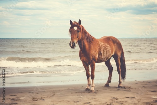 Vintage Tone Filter Effect Color Style: Beach with Horse on Beach