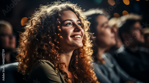 Group of diversety people in theater or Cinema watching a show or movie and laughing. Audience seminar,conference,theater show. People having fun copy space