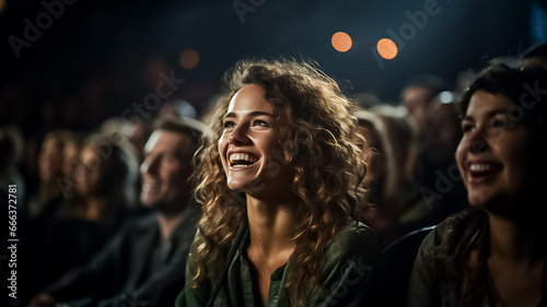 Group of diversety people in theater or Cinema watching a show or movie and laughing. Audience seminar,conference,theater show. People having fun copy space