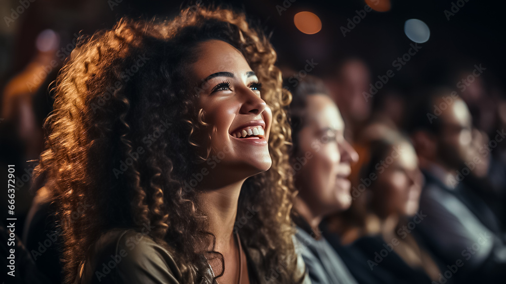 Group of diversety people in theater or Cinema watching a show or movie and laughing. Audience seminar,conference,theater show. People having fun copy space