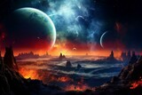 Vivid cosmic vista showcasing nebula and unique planet. Generative AI