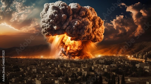 bomb blast in the city, smoke cloud, war zone, air strike, 