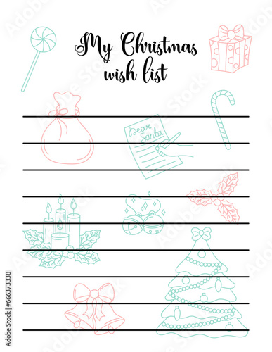 Christmas wish list blank template. Empty Xmas wishlist with cute kid doodles and copy space. Vertical vector illustration. Printable page US Letter proportions size