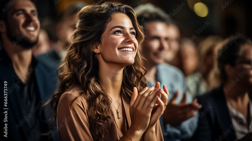 Happy audience applauding at a show or business seminar,theater performance listening and clapping at conference and presentation.Group of supporters,fans cheering excited applauding