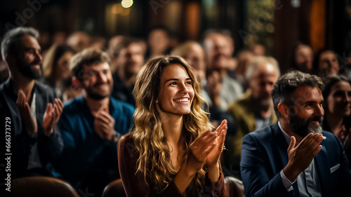 Photographie Happy audience applauding at a show or business seminar,theater performance listening and clapping at conference and presentation