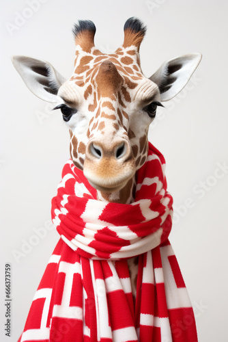 Giraffe wearing winter scarf on a solid background