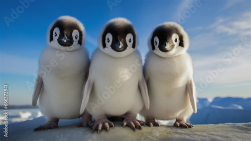 A portrait of three baby penguins posing for a picture. Cute animals.