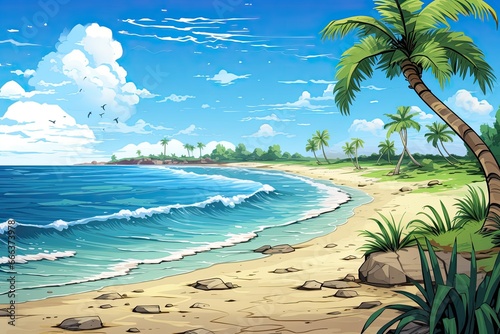 Cartoon Beach Sea: Colorful Illustration of a Vibrant Beach Scene © Michael