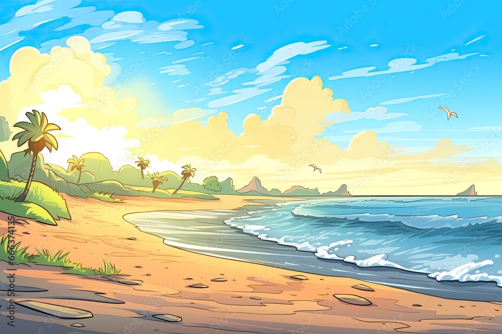 Cartoon Beach Panorama: Wide Background Concept of a Beach with Playful Vibes