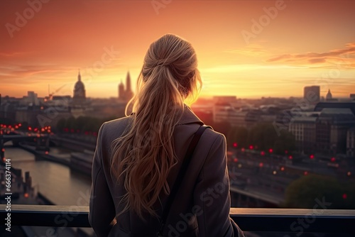 Sunset serenity. Young woman contemplating by river. Urban solitude. Beautiful lady reflecting at sunrise. Summer wanderlust. Traveler freedom in city © Thares2020