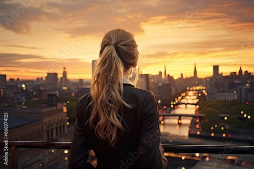 Sunset serenity. Young woman contemplating by river. Urban solitude. Beautiful lady reflecting at sunrise. Summer wanderlust. Traveler freedom in city