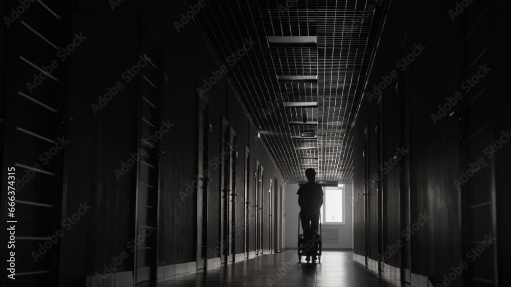 Long shot of silhouette of female janitor coming in dark corridor of hospital with trolley and starting mopping floors Long shot of silhouette of female janitor coming in dark corridor of hospital with trolley and starting mopping floors