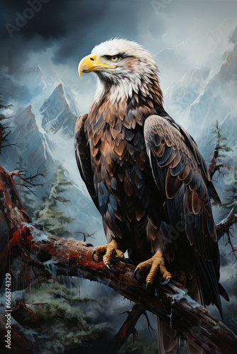 Hawk sit on branch. Mountain landscape background. Created with Generative AI © Uliana