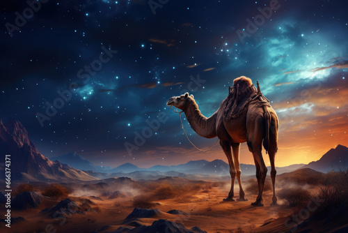 Camel in dune in a desert at night with moonlight. Milky Way galaxy. Illustration Generative AI