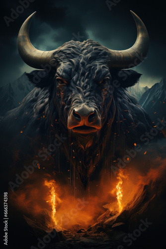 Illustration angry bull portrait fire and smoke. Animal on a dark background. Generative AI © Uliana