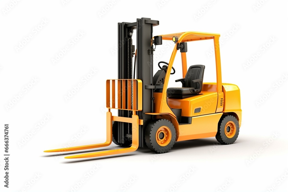 3D rendering of orange forklift with cab, on white background, with shadow. Generative AI
