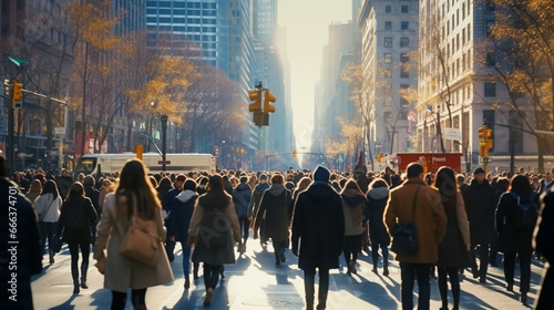 Crowd of anonymous people walking on busy New York City street