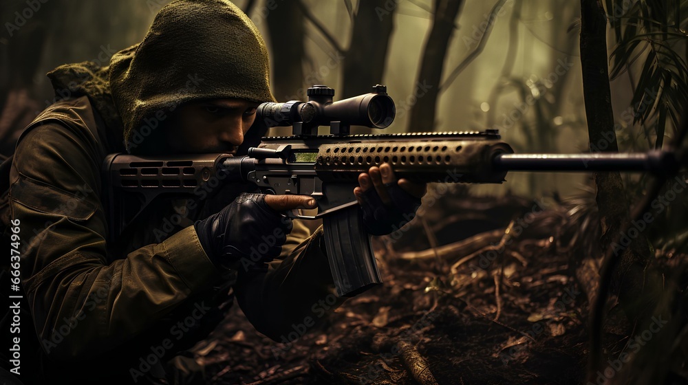 a man in a hoodie is aiming with a rifle in the woods a man in a hoodie is aiming with a rifle in the woods