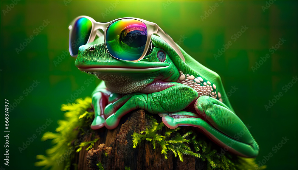 Farbenfroher Frosch in schillernder Sonnenbrille: Ein ausdrucksstarkes Kunstwerk in beeindruckender 4K-Auflösung, das die Magie der Natur mit modernem Flair verbindet - obrazy, fototapety, plakaty 