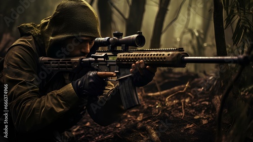 a man in a hoodie is aiming with a rifle in the woods