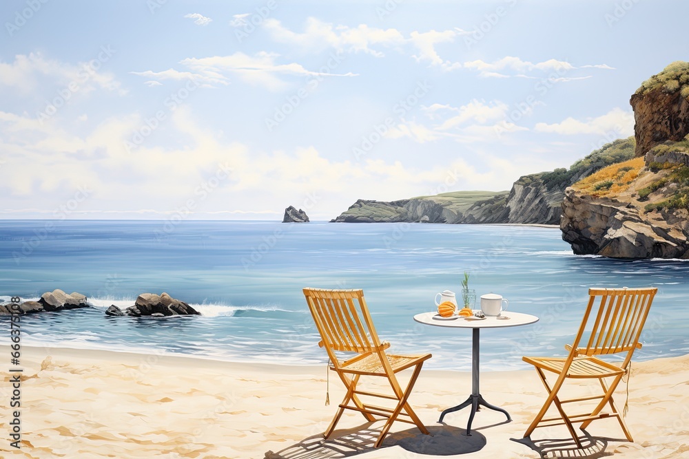 Panoramic Beach Landscape: Coffee at the Beach | Enjoying a Serene Coastal Scene with a Cup of Coffee