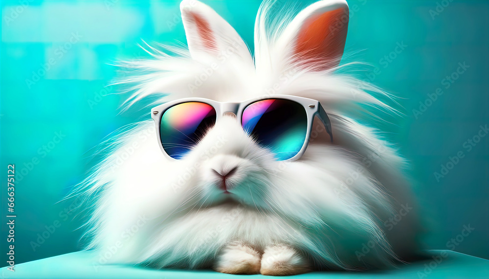 Stilvolle Kaninchen erobern die Welt: Vom flauschigen Weiß bis zum eleganten Schwarz, diese Hasen wissen, wie man mit Sonnenbrillen glänzt - obrazy, fototapety, plakaty 