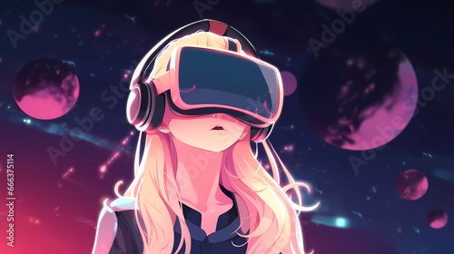 Anime-style girl character wearing vr headset.Girl gamer.virtual reality technology concept.