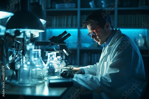 A scientist looking in the microscope for analyzing samples