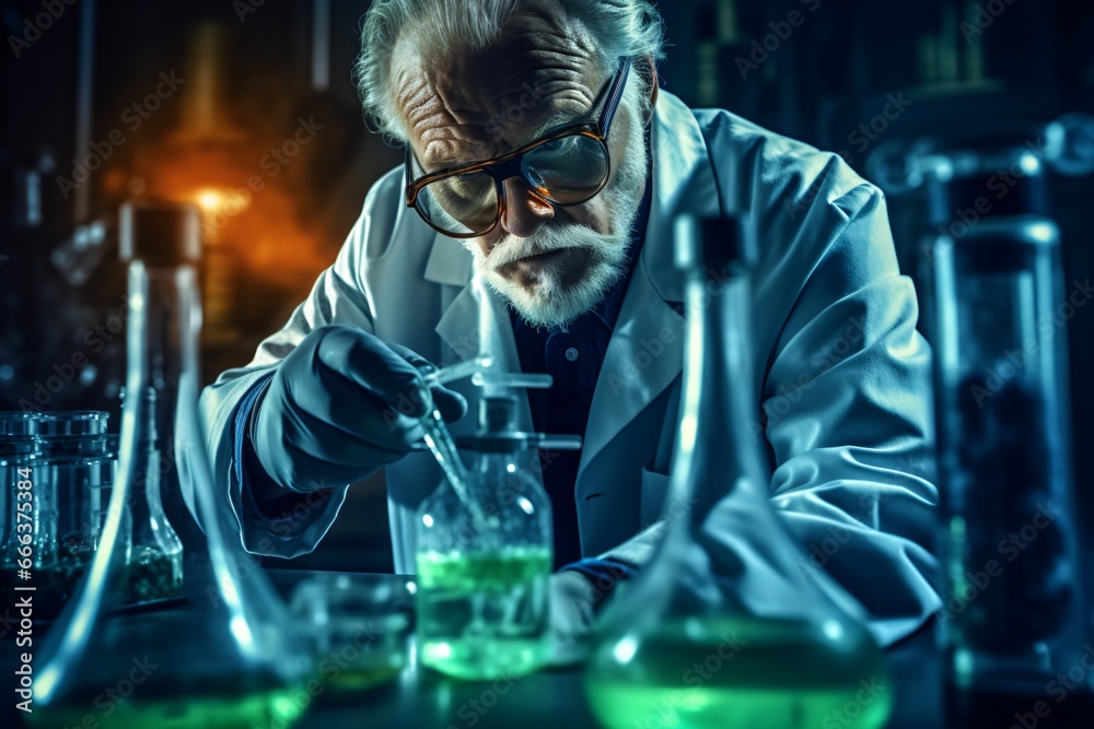 Portrait photo of a scientist working in the lab, wearing coat and working with chemicals