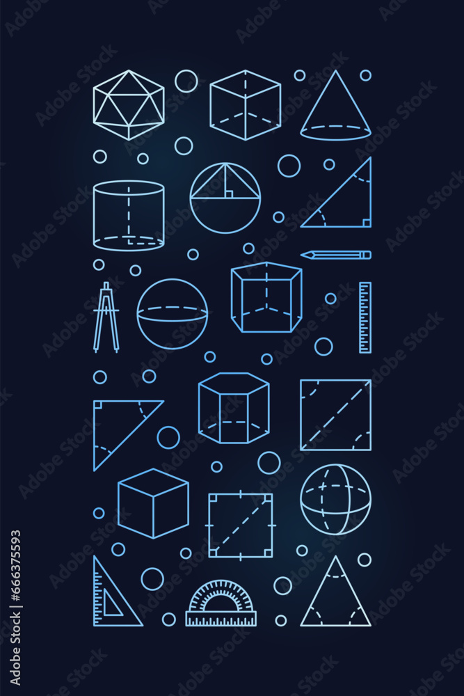 Geometry Education concept vector linear vertical blue banner. Mathematics illustration with outline Geometric Shapes symbols