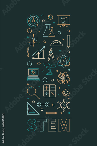 STEM concept vertical creative linear banner. Science, technology, engineering, mathematics line illustration
