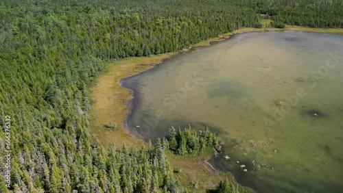 Aerial pan of wilderness lake, Les Cheneaux Islands, Michigan photo