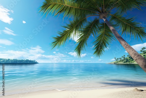 Empty Tropical Beach and Seascape: Stunning Palm Tree on Beach Creates Relaxing Atmosphere © Michael