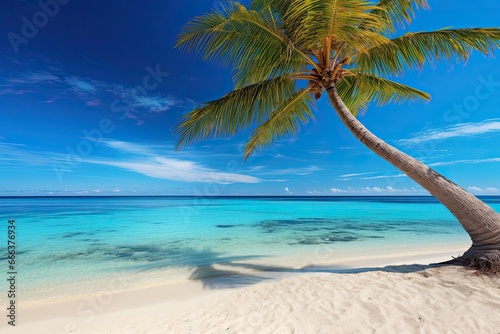 Empty Tropical Beach and Seascape: Palm Tree on Beach - Serene Paradise for a Tranquil Escape © Michael