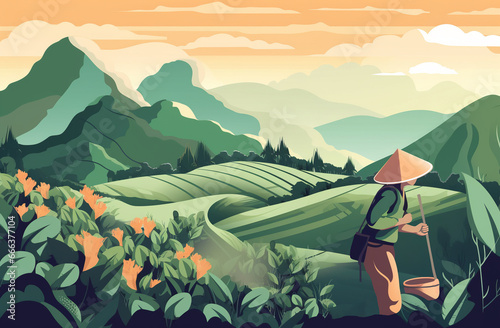 Tea pickers. girl in vietnamese hats on green plantation collect leaves in large baskets, hot drink raw materials. Green horizontal landscape, cartoon flat illustration.