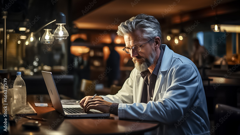 Mature male doctor works at his workplace with a laptop, enters a diagnosis into the database, coat fills out a patient form while working in a medical clinic