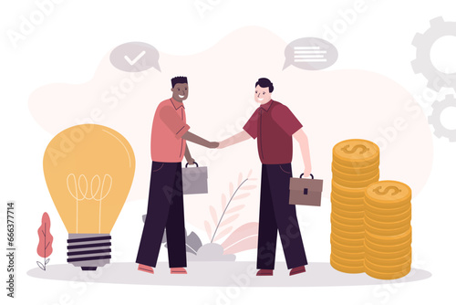 Successful negotiations. Two businessman settle contract with handshake. New profitable project start up sponsored by investor. Two male characters making a deal. Business concept,