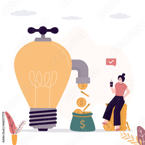 Creative lightbulb with pipe and tap. Money flow from successful business idea. Rich woman investor making money. Businesswoman take earnings or profit from innovation idea.
