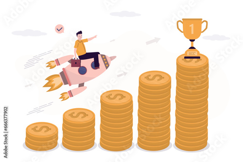 Happy businessman takes off on rocket on chart from stacks of coins. Increase income, earnings and wages, financial growth, improvement of economy,