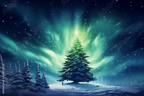 Picture of a Christmas tree above the Northern Lights © Hart