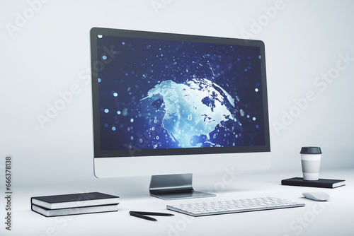 Modern computer display with abstract programming language hologram and world map, artificial intelligence and neural networks concept. 3D Rendering